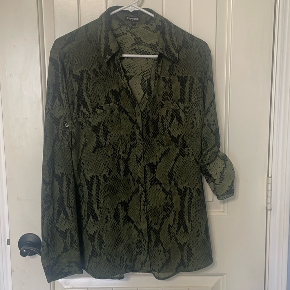 Express woman’s blouse with army green & black “snake skin” pattern. Sz L.